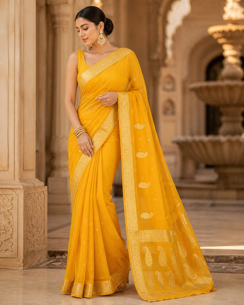 Yellow Banarasi Khaddi Chiffon Saree