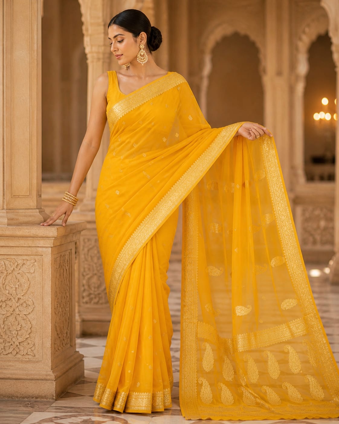 Yellow Banarasi Khaddi Chiffon Saree