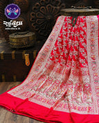 Red Pure Banarasi Katan Silk Saree – Silver Zari Floral Jaal