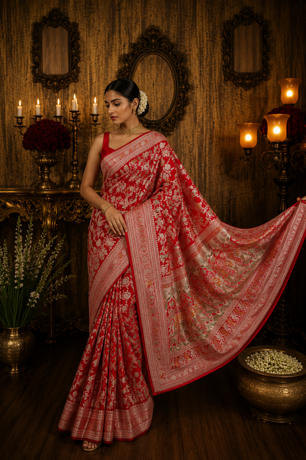 Red Pure Banarasi Katan Silk Saree – Silver Zari Floral Jaal