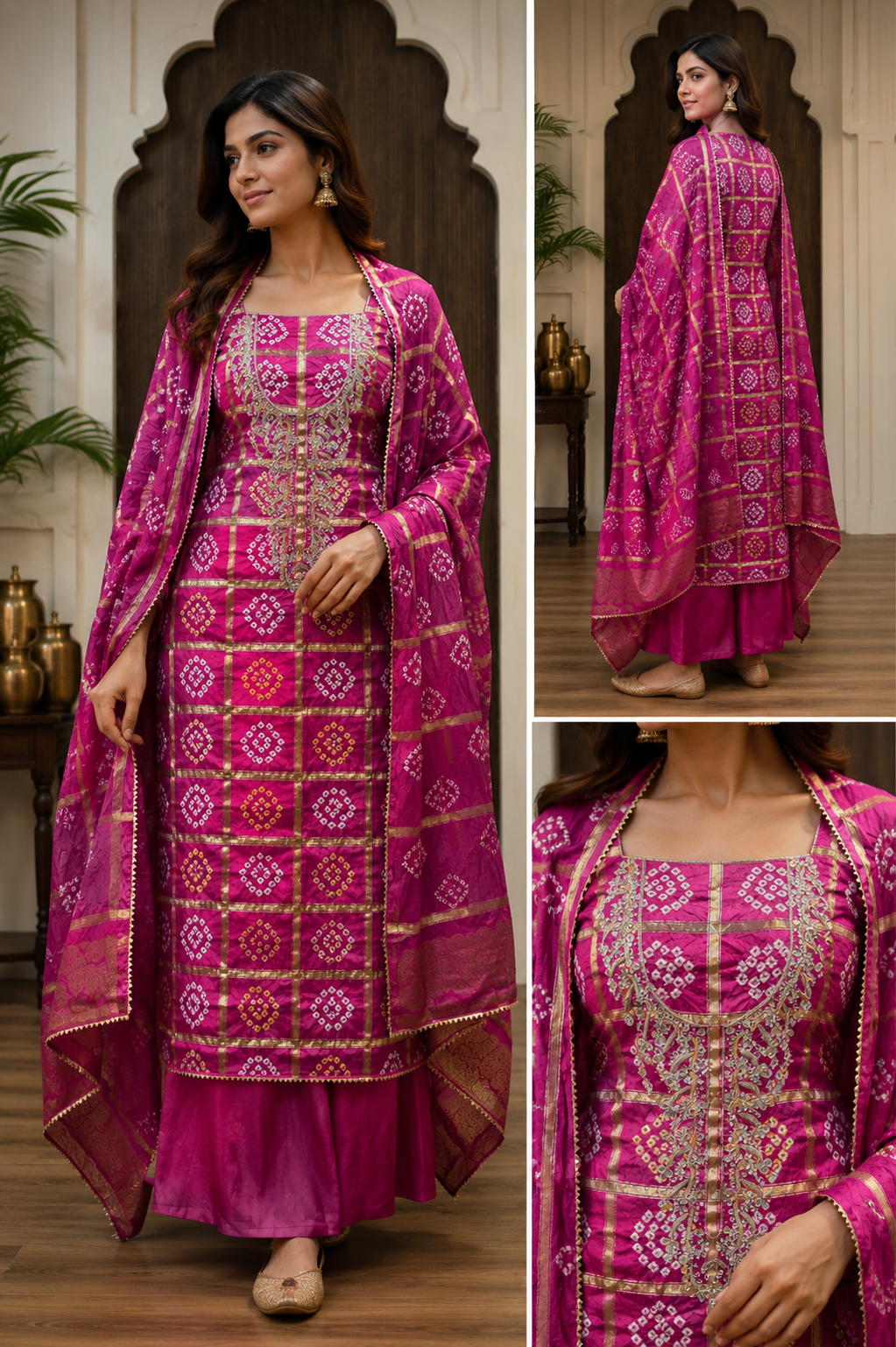 Rani Pink Bandhej Banarasi Suit