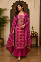 Rani Pink Bandhej Banarasi Suit