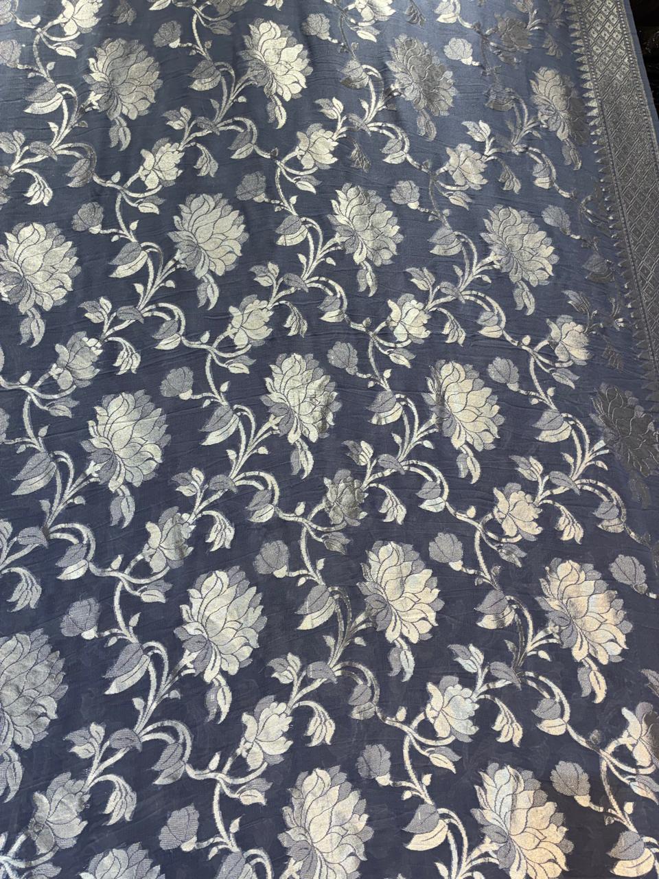 Khaddi Georgette Saree | Handwoven Silver Zari Weaving
