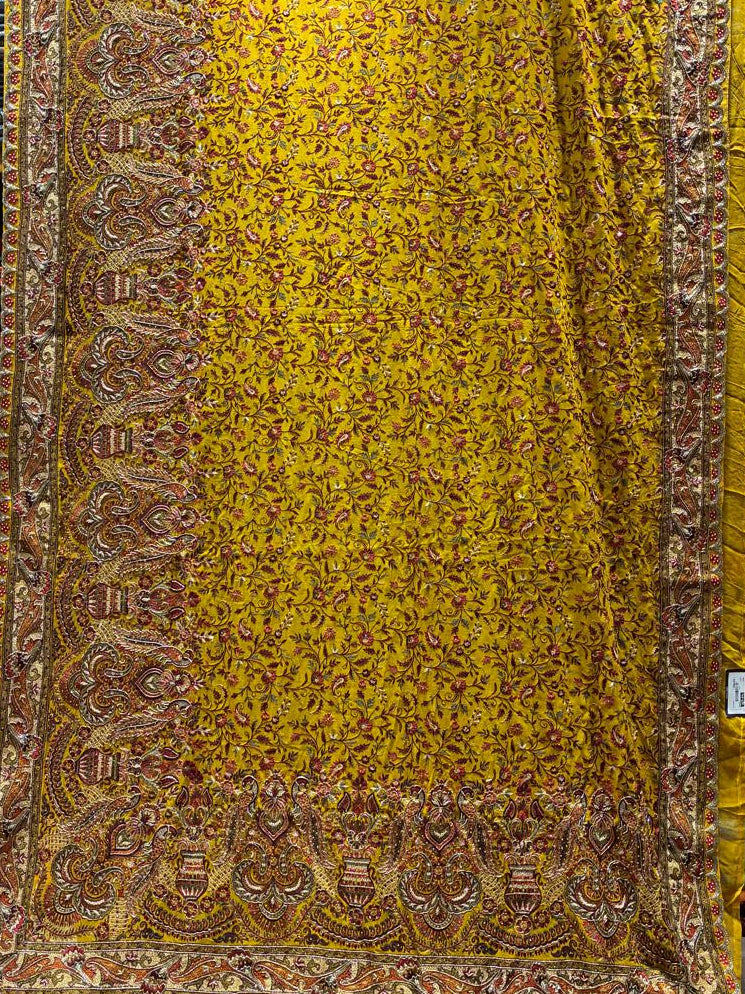 Mustard Yellow Designer Georgette Saree with All-Over Thread Embroidery & Heavy Woven Border