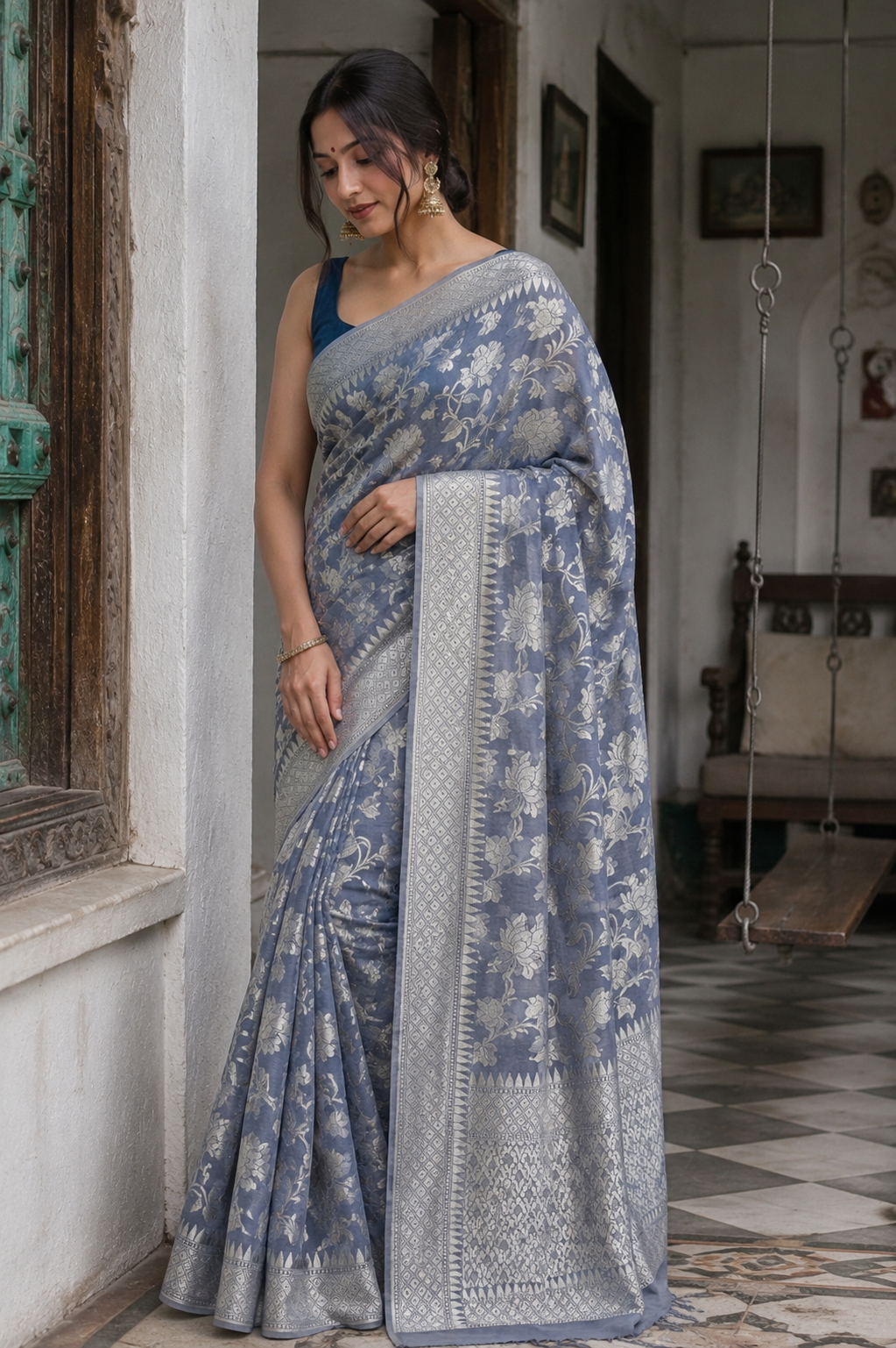 Khaddi Georgette Saree | Handwoven Silver Zari Weaving