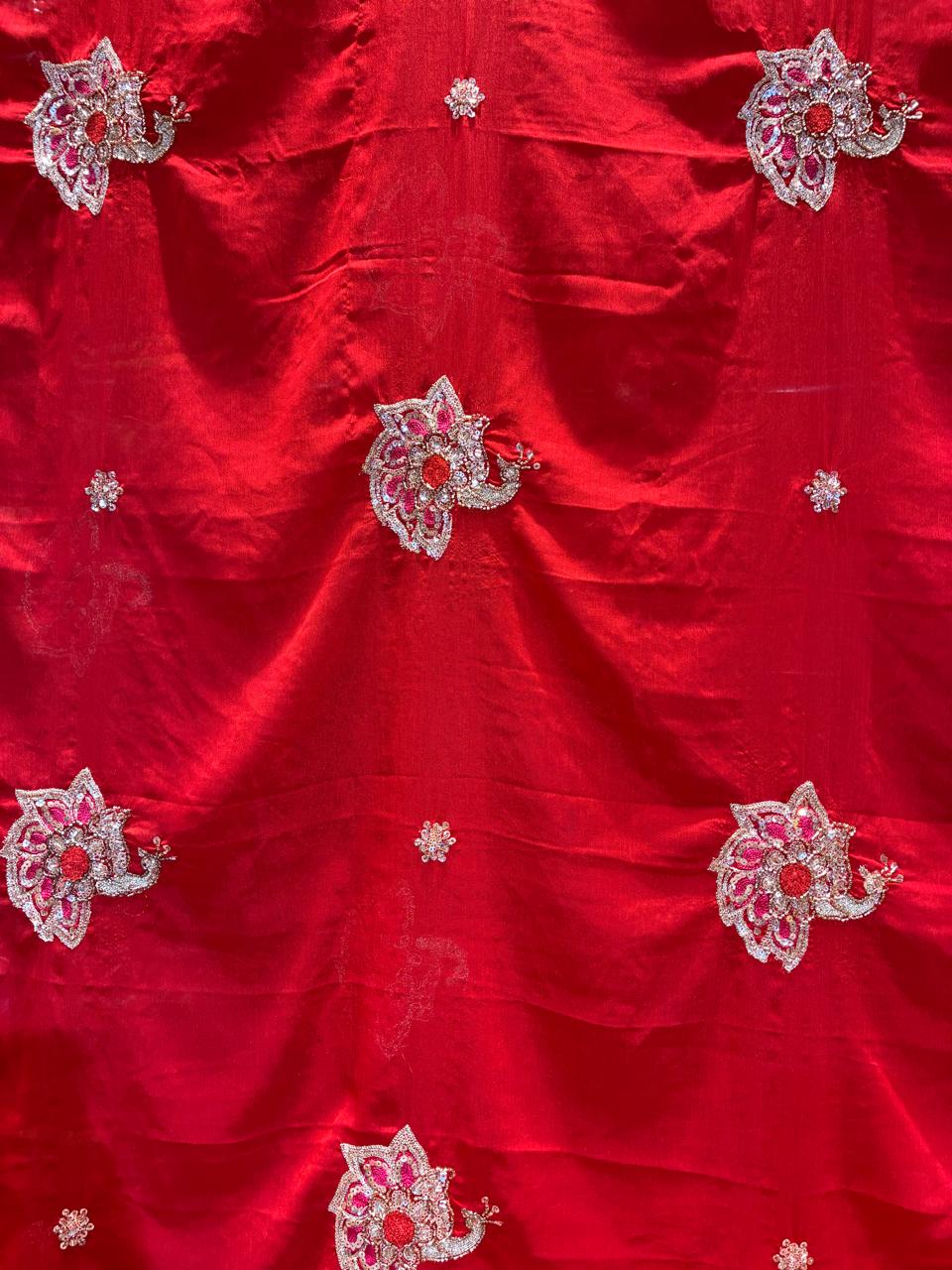 Premium Red Chiffon Saree with Hand Embroidery & Golden Border