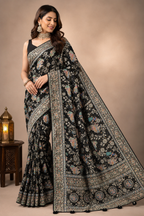 Elegant Black Chiffon-Georgette Saree with Pashmina Madhubani Art Work