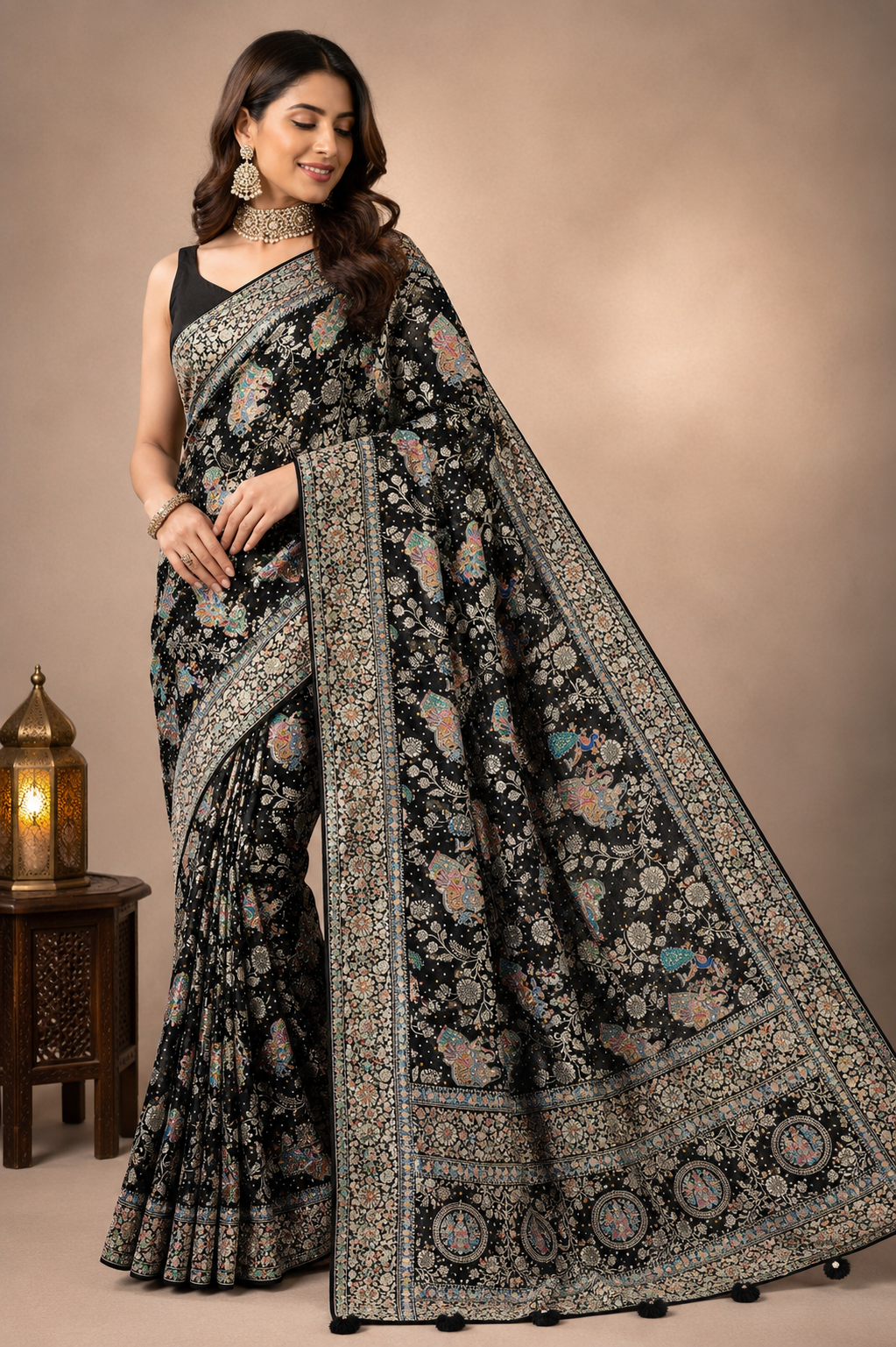 Elegant Black Chiffon-Georgette Saree with Pashmina Madhubani Art Work