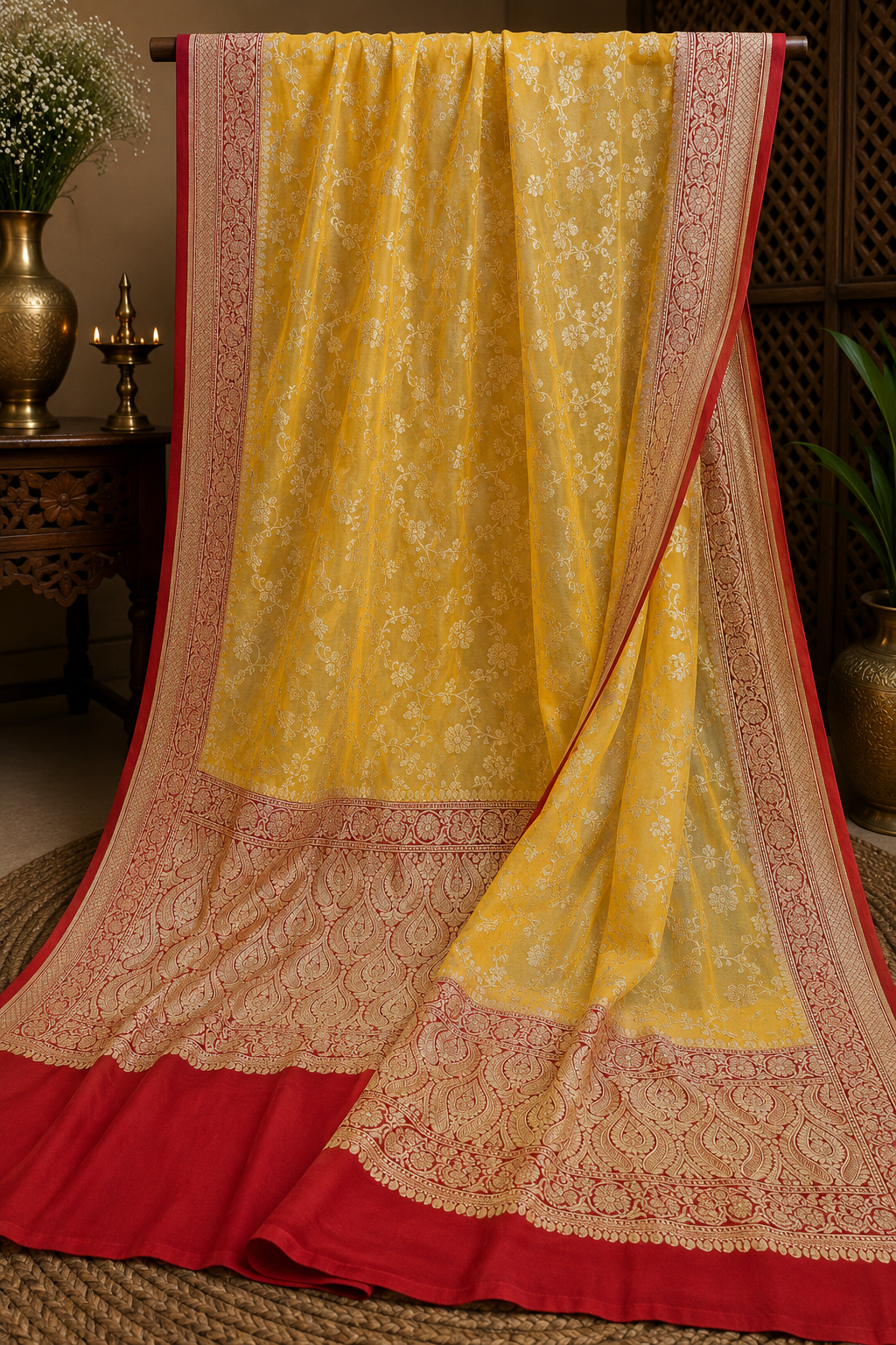 Yellow Khaddi Banarasi Georgette Saree