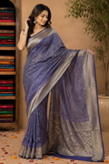 Royal Navy Blue Jamdani Silk Saree with Intricate Floral Jaal & Rich Zari Pallu