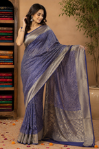 Royal Navy Blue Jamdani Silk Saree with Intricate Floral Jaal & Rich Zari Pallu