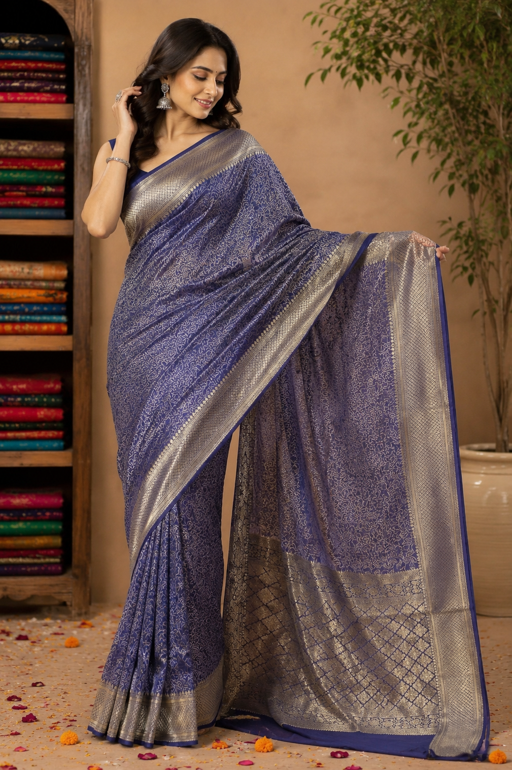 Royal Navy Blue Jamdani Silk Saree with Intricate Floral Jaal & Rich Zari Pallu