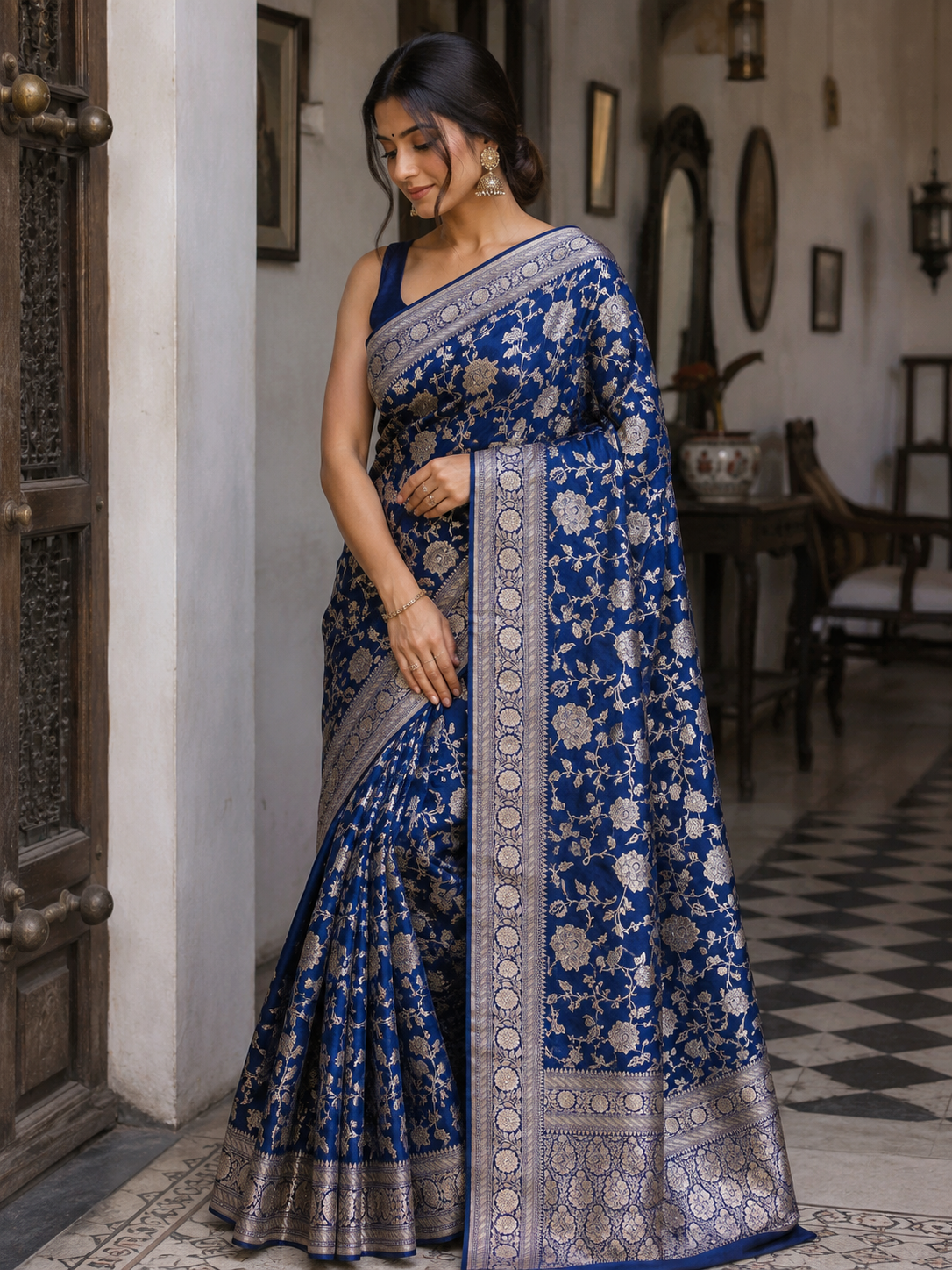 Royal Blue Banarasi Katan Silk Saree | Handwoven Silver Zari Floral Weaving