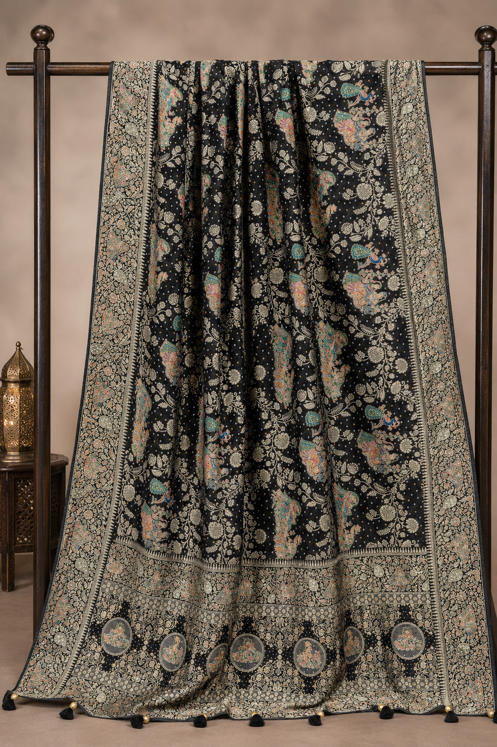Elegant Black Chiffon-Georgette Saree with Pashmina Madhubani Art Work