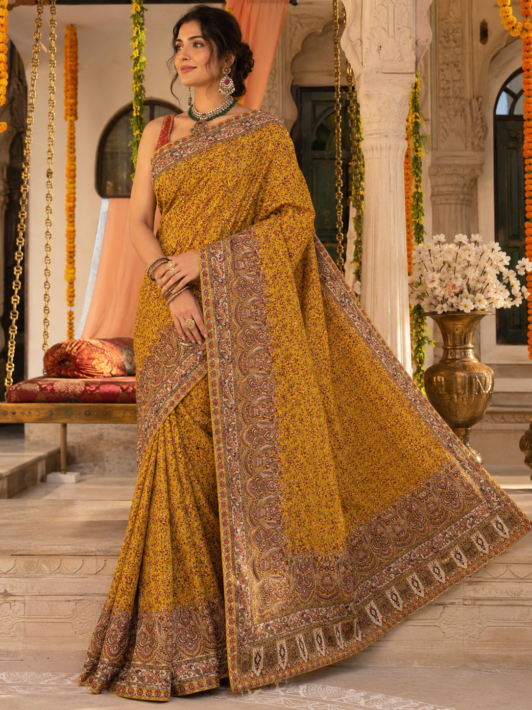 Mustard Yellow Designer Georgette Saree with All-Over Thread Embroidery & Heavy Woven Border