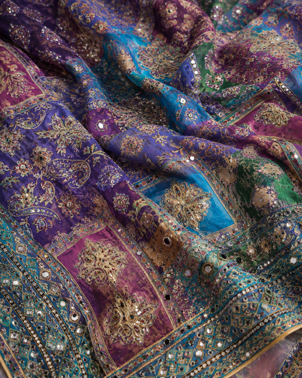 Royal Multicolor Chiffon Pashmina Silk Saree with Intricate Mirror Work & Handcrafted Embroidery