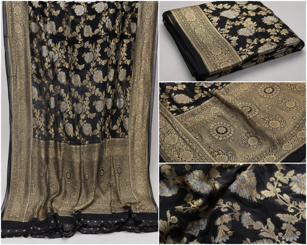 Premium Georgette Saree with Sona Rupa Floral Jaal Zari Weaving