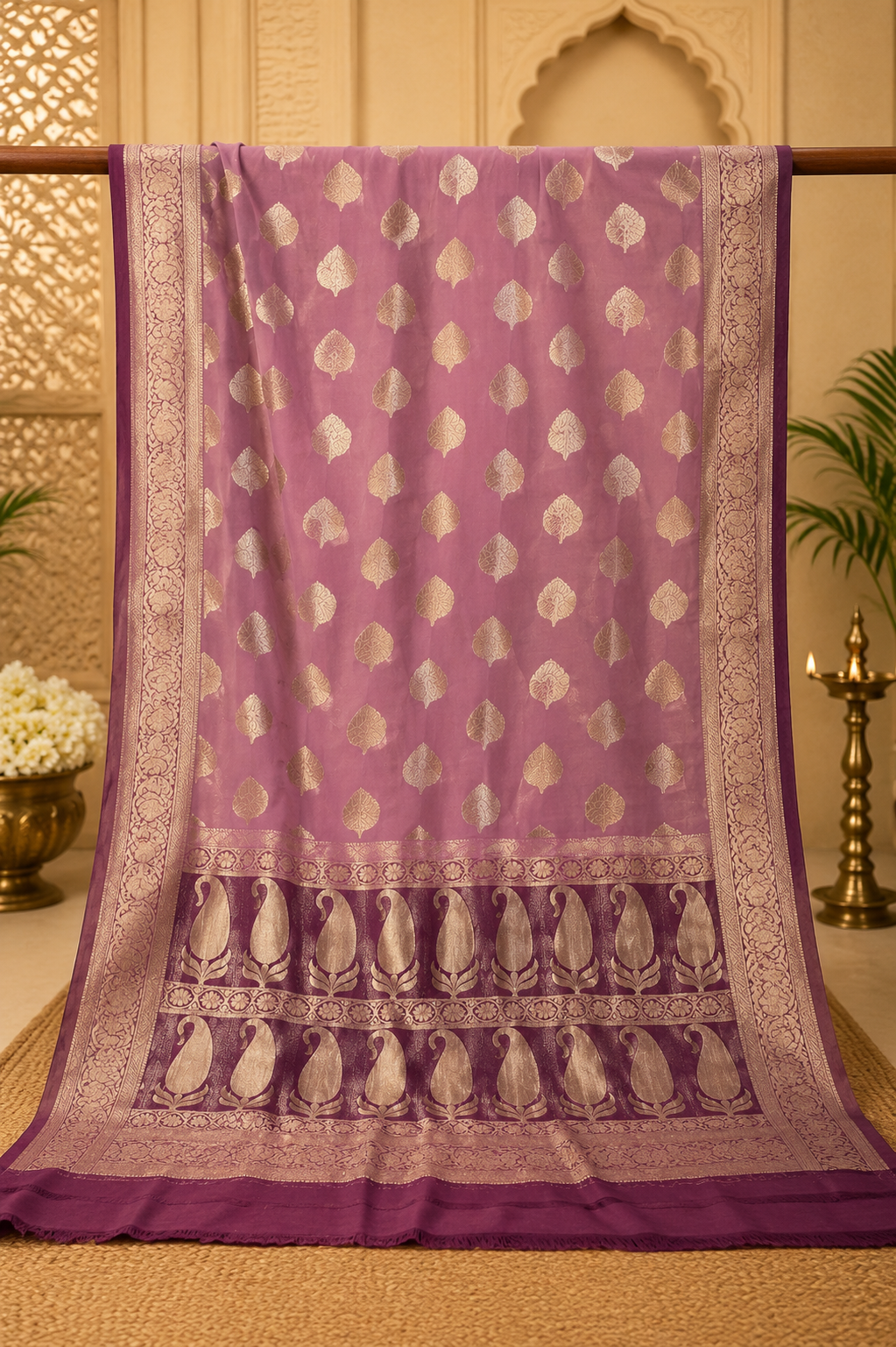 Premium Semi Chiffon Saree with Golden Zari Buti Weaving