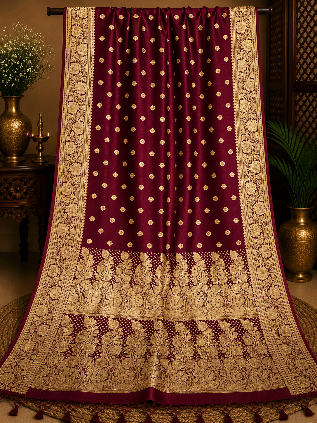 Dark Maroon Pure Banarasi Saree