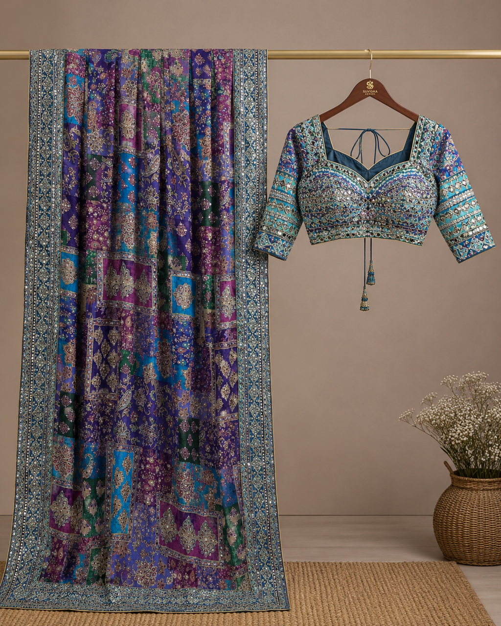 Royal Multicolor Chiffon Pashmina Silk Saree with Intricate Mirror Work & Handcrafted Embroidery