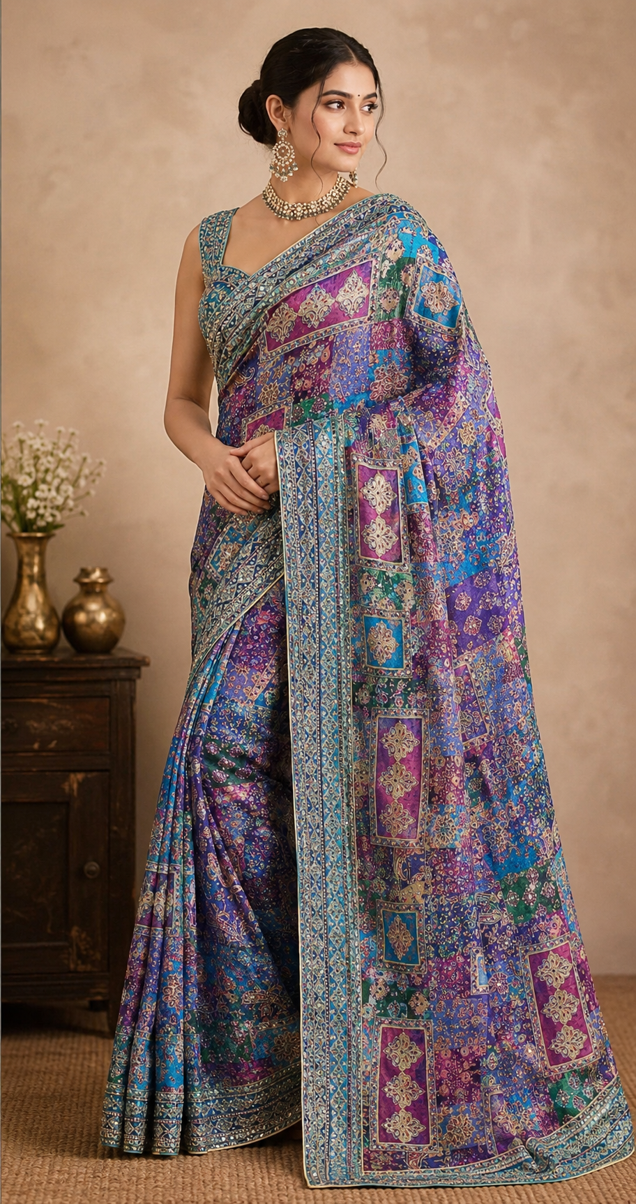 Royal Multicolor Chiffon Pashmina Silk Saree with Intricate Mirror Work & Handcrafted Embroidery