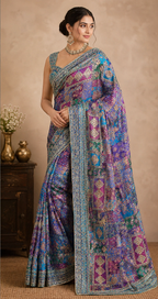 Royal Multicolor Chiffon Pashmina Silk Saree with Intricate Mirror Work & Handcrafted Embroidery