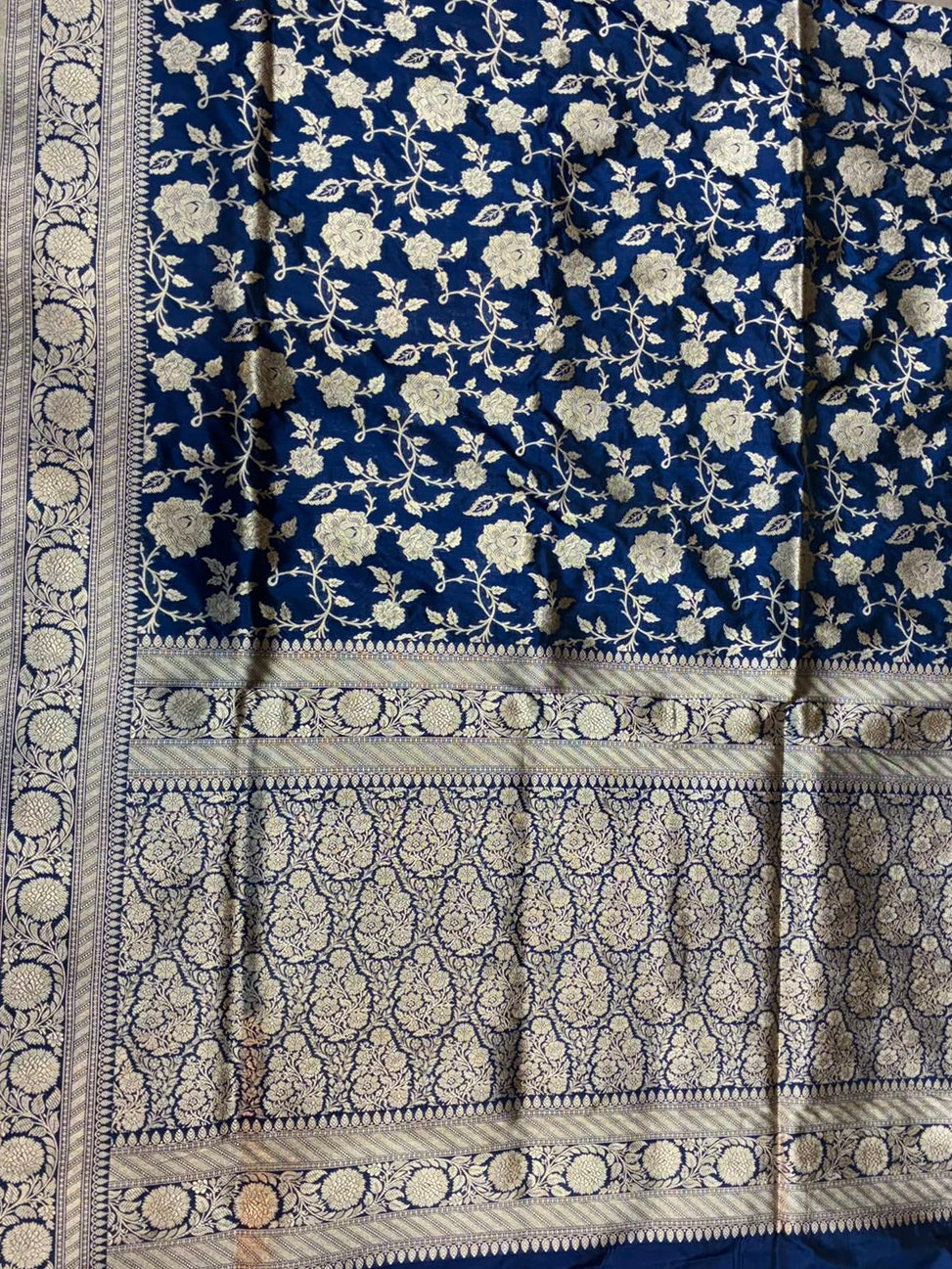 Royal Blue Banarasi Katan Silk Saree | Handwoven Silver Zari Floral Weaving