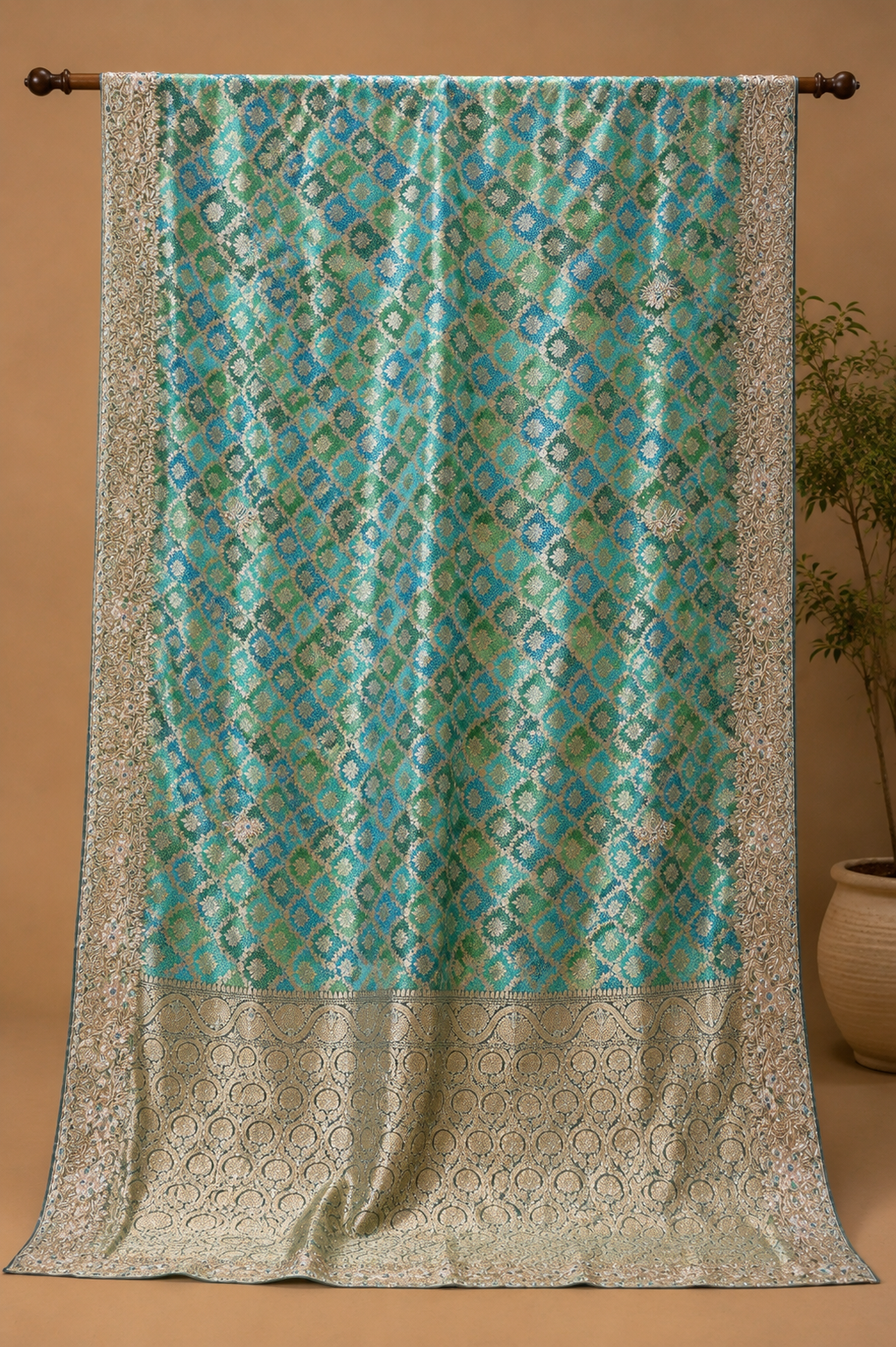 Emerald & Turquoise Banarasi Rangkat Saree with Intricate Zari & Embellished Border