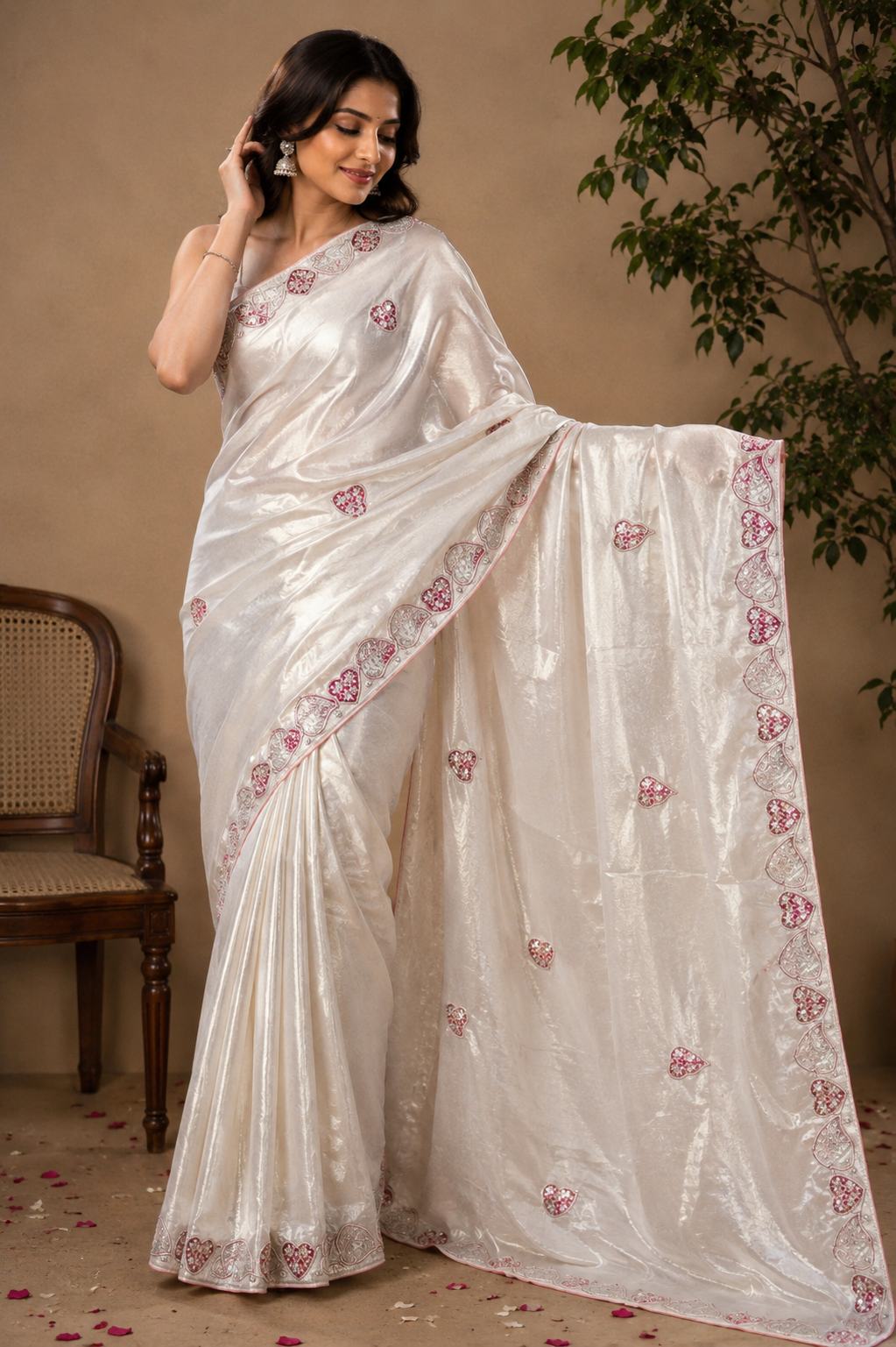 Ivory Pearl Crepe Silk Saree with Red & Silver Embroidered Heart Motifs
