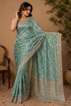 Emerald & Turquoise Banarasi Rangkat Saree with Intricate Zari & Embellished Border