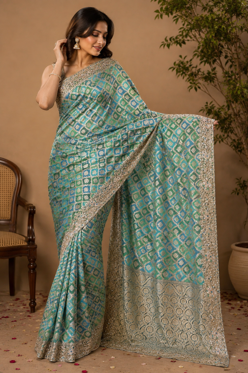 Emerald & Turquoise Banarasi Rangkat Saree with Intricate Zari & Embellished Border