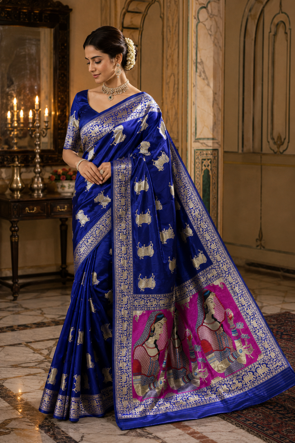 Premium Banarasi Silk Handwoven Saree with Traditional Nandi Motifs