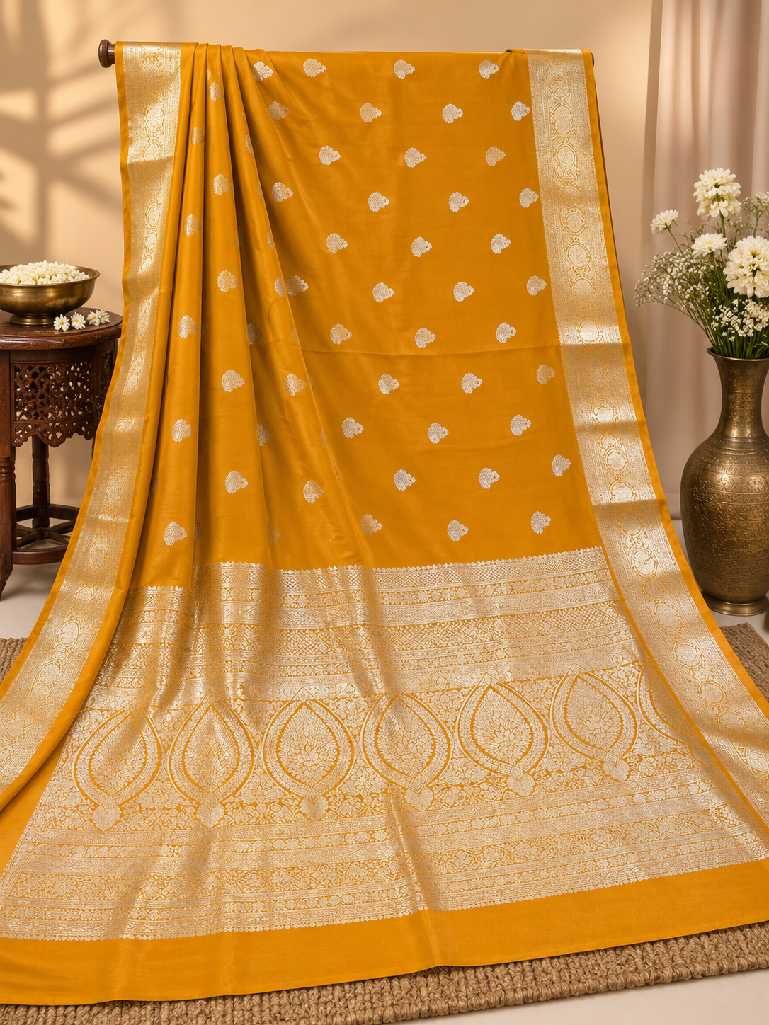 Premium Mustardy Silk Saree with Golden Zari Weaving