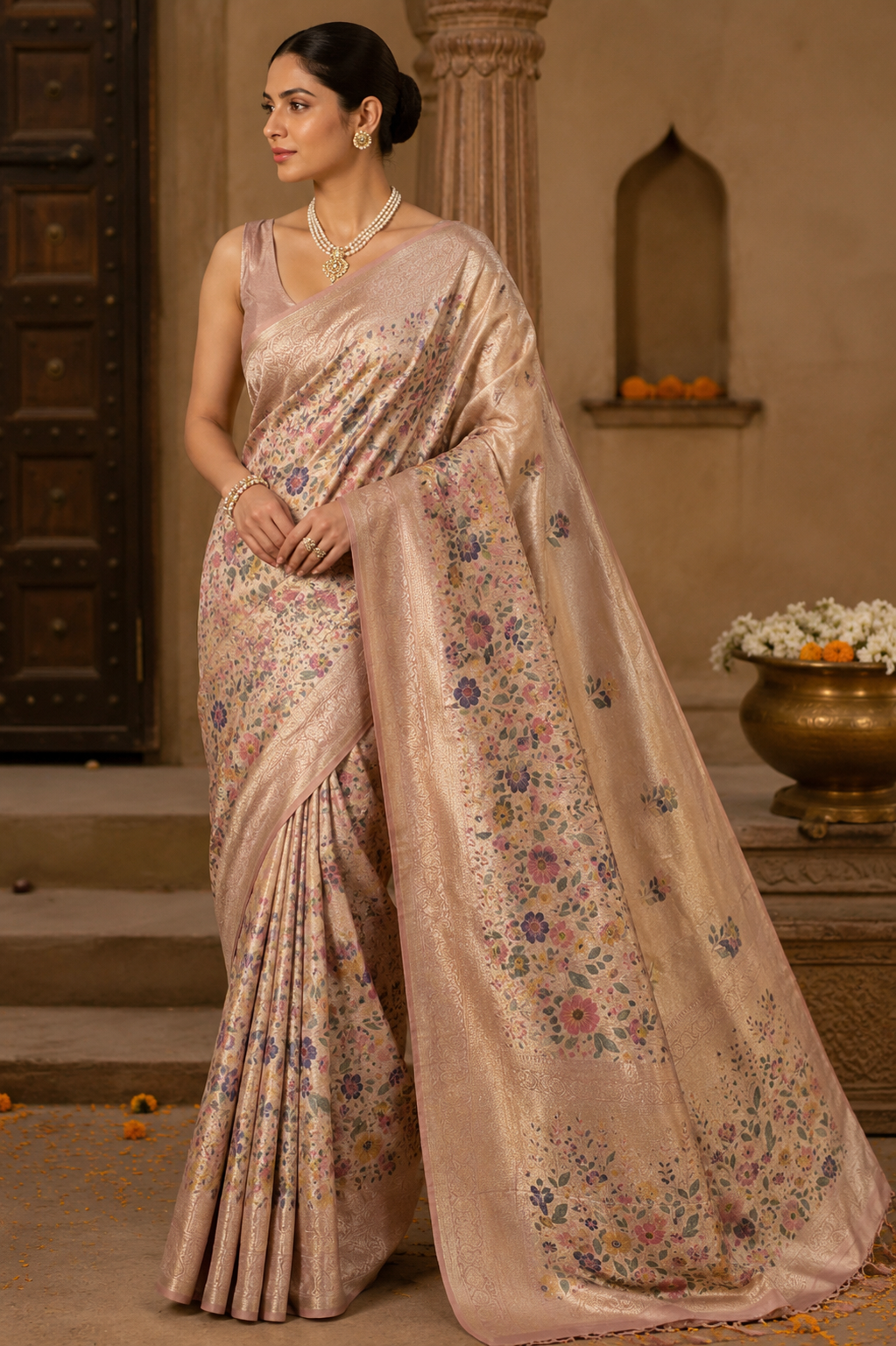 Pashmina Silk Saree with Multicolour Floral Weave & Elegant Woven Border