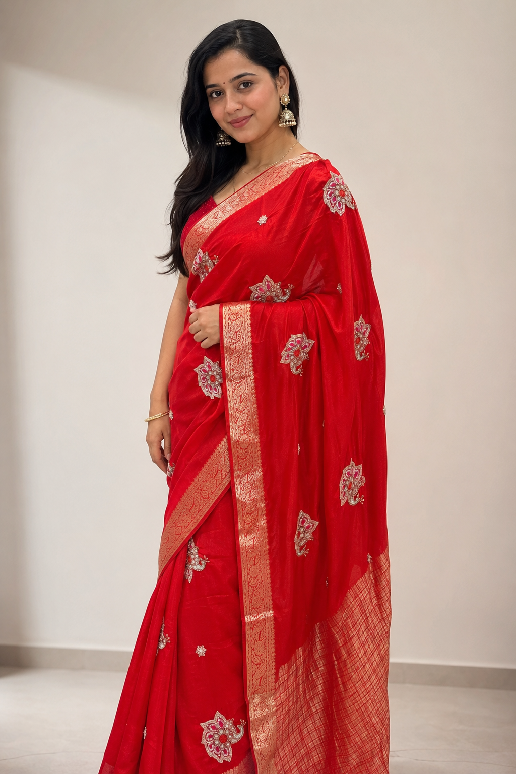 Premium Red Chiffon Saree with Hand Embroidery & Golden Border