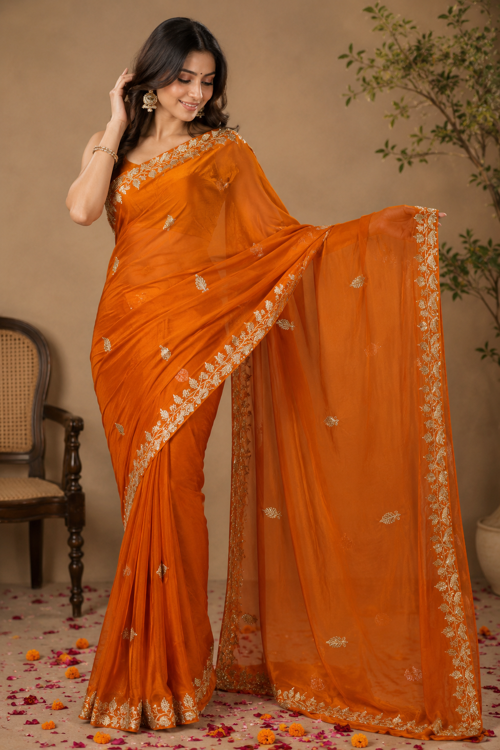 Burnt Orange Synthetic Chiffon Saree with Golden Leaf Embroidery & Floral Vine Border