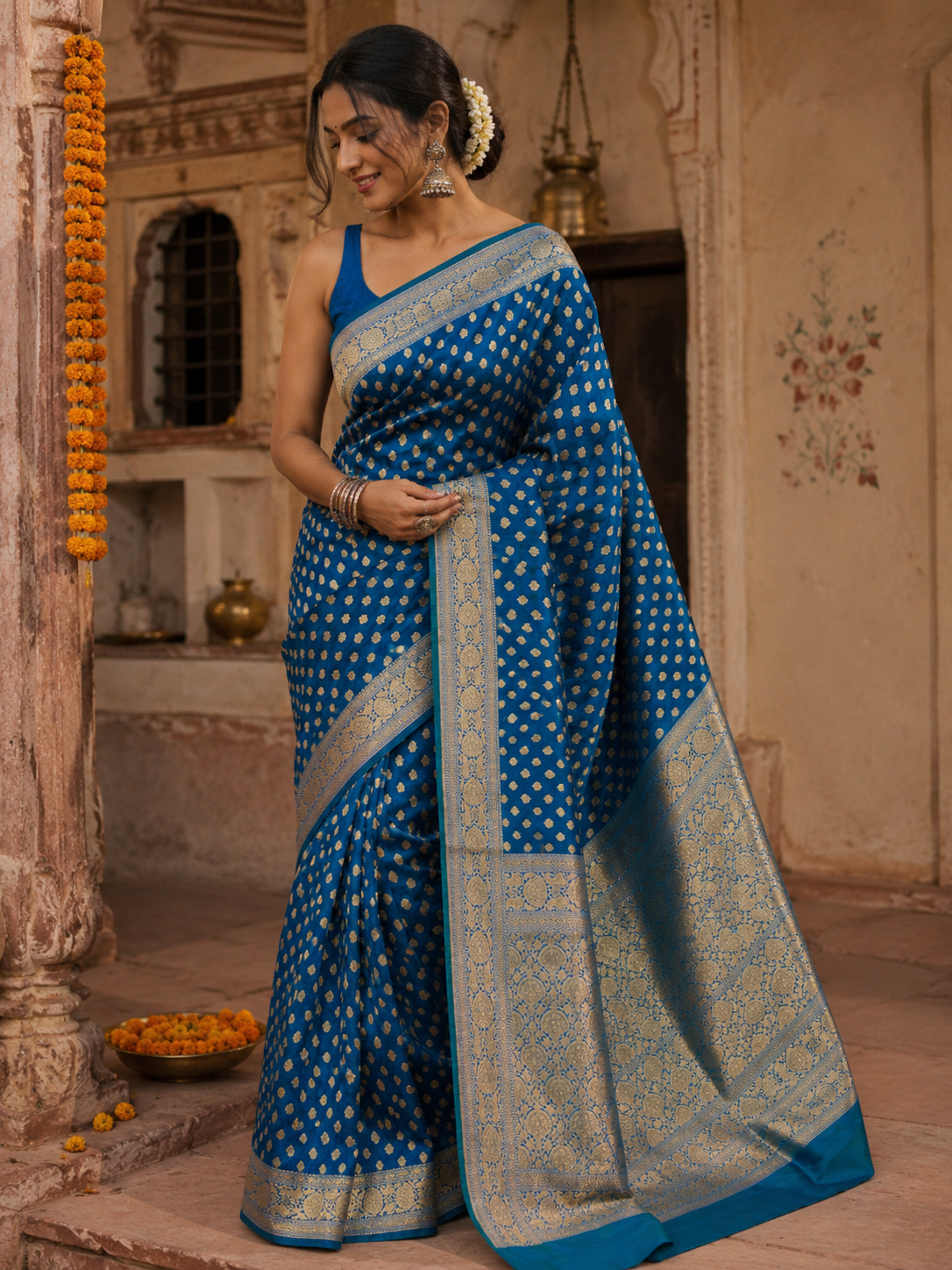 Premium Banarasi Silk Saree with Handcrafted Hazara Buti Weaving