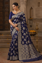 Royal Navy Blue Chiffon Saree with Zari Floral Buta & Rich Woven Pallu