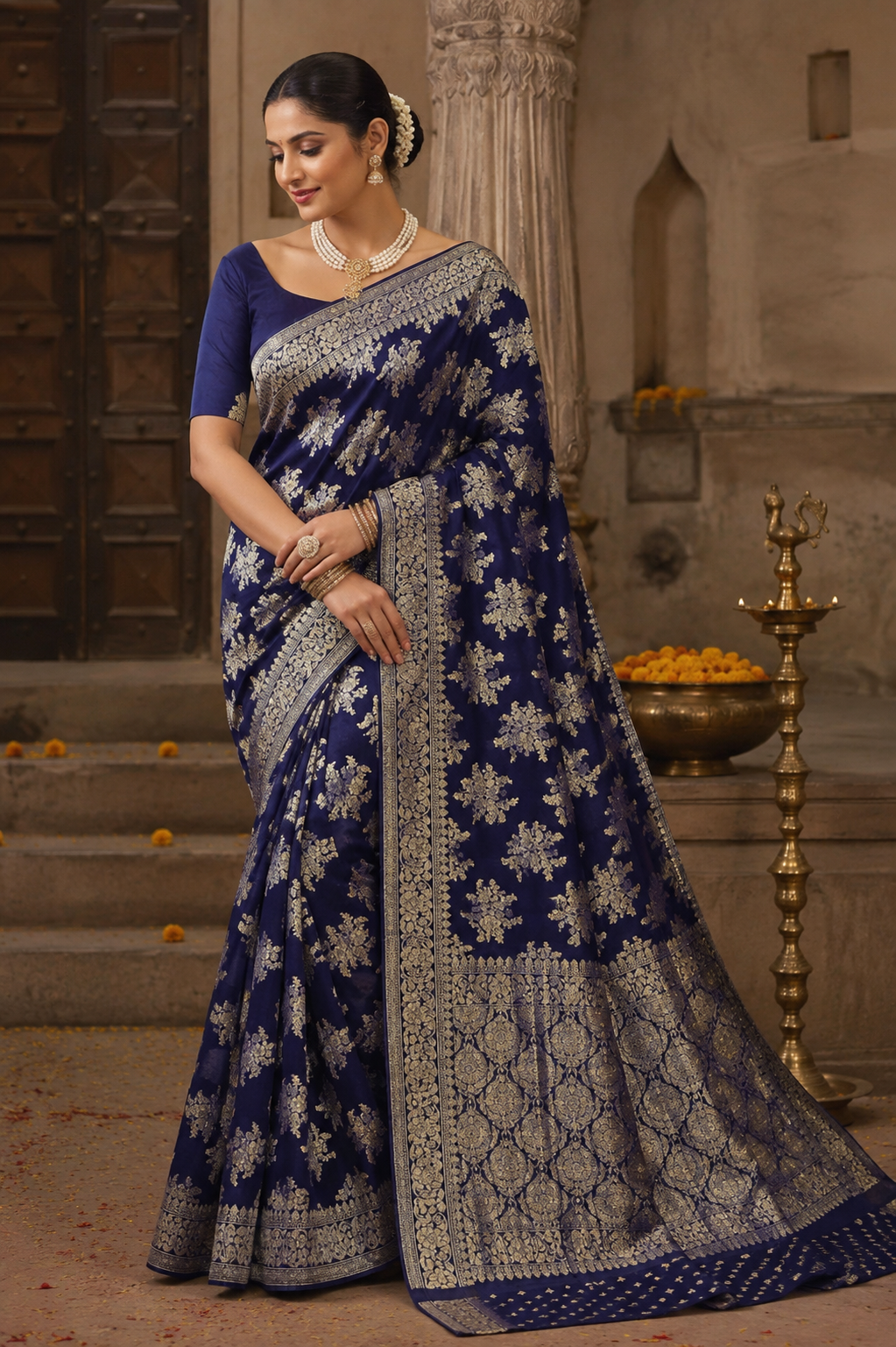 Royal Navy Blue Chiffon Saree with Zari Floral Buta & Rich Woven Pallu