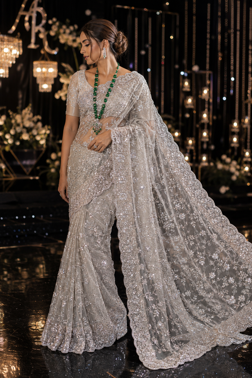 Heavy Net Embroidered Saree with All-Over Jaal Work & Readymade Blouse