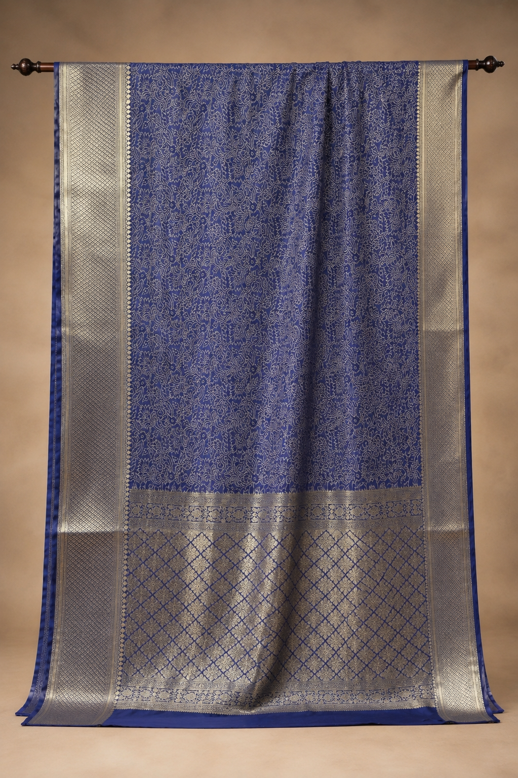 Royal Navy Blue Jamdani Silk Saree with Intricate Floral Jaal & Rich Zari Pallu