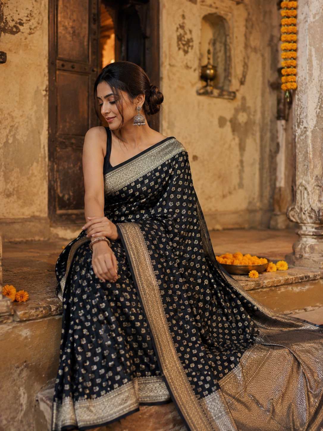 Premium Black Banarasi Silk Saree with Silver Zari Weaving