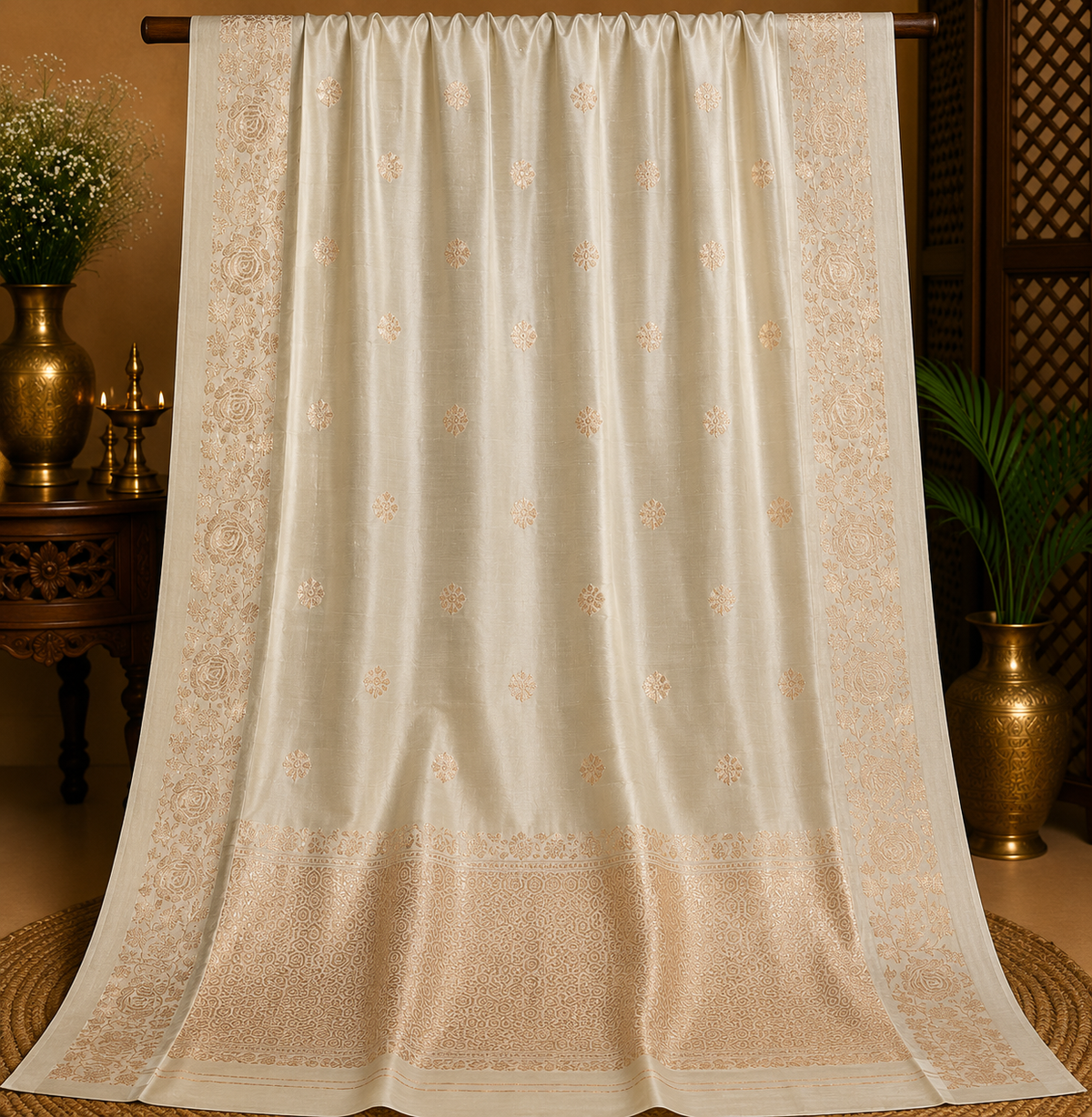 Cream Mango Katan Silk Saree
