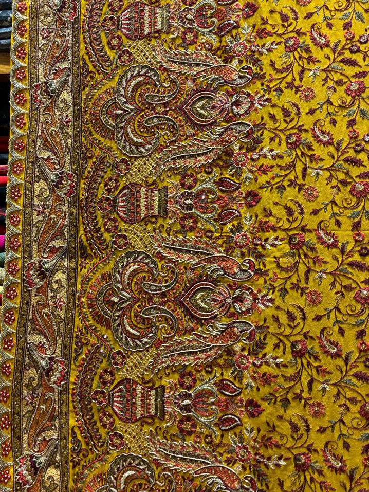 Mustard Yellow Designer Georgette Saree with All-Over Thread Embroidery & Heavy Woven Border