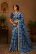 Blue Printed Chiffon Saree with Elegant Floral Leaf Print & Golden Border