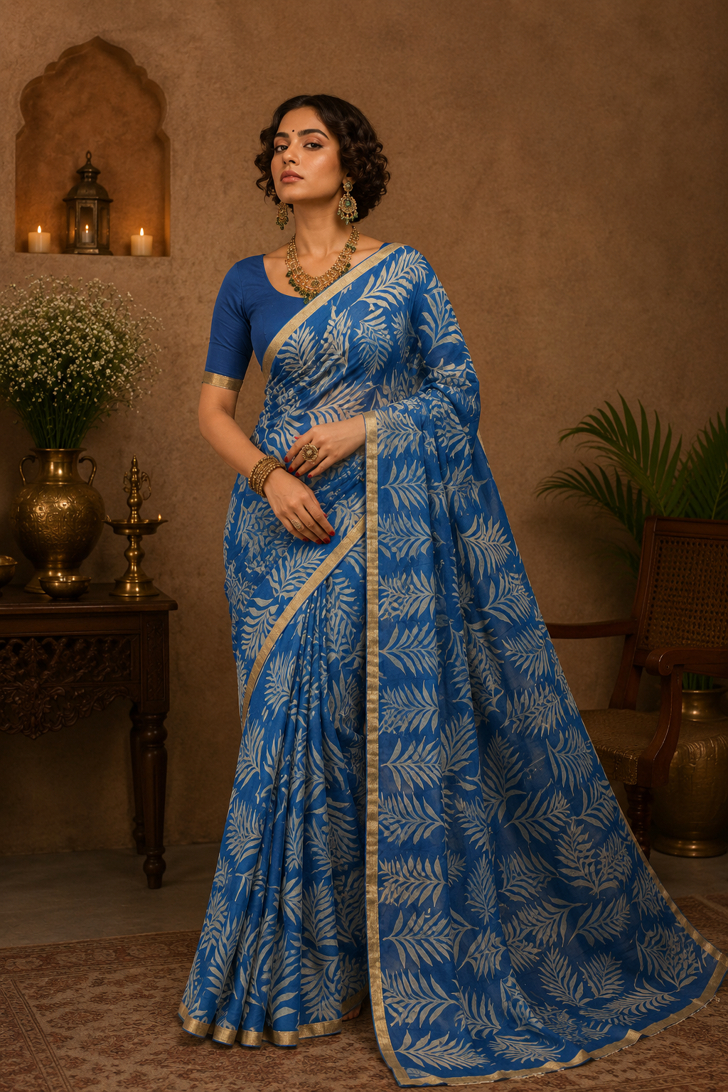Blue Printed Chiffon Saree with Elegant Floral Leaf Print & Golden Border