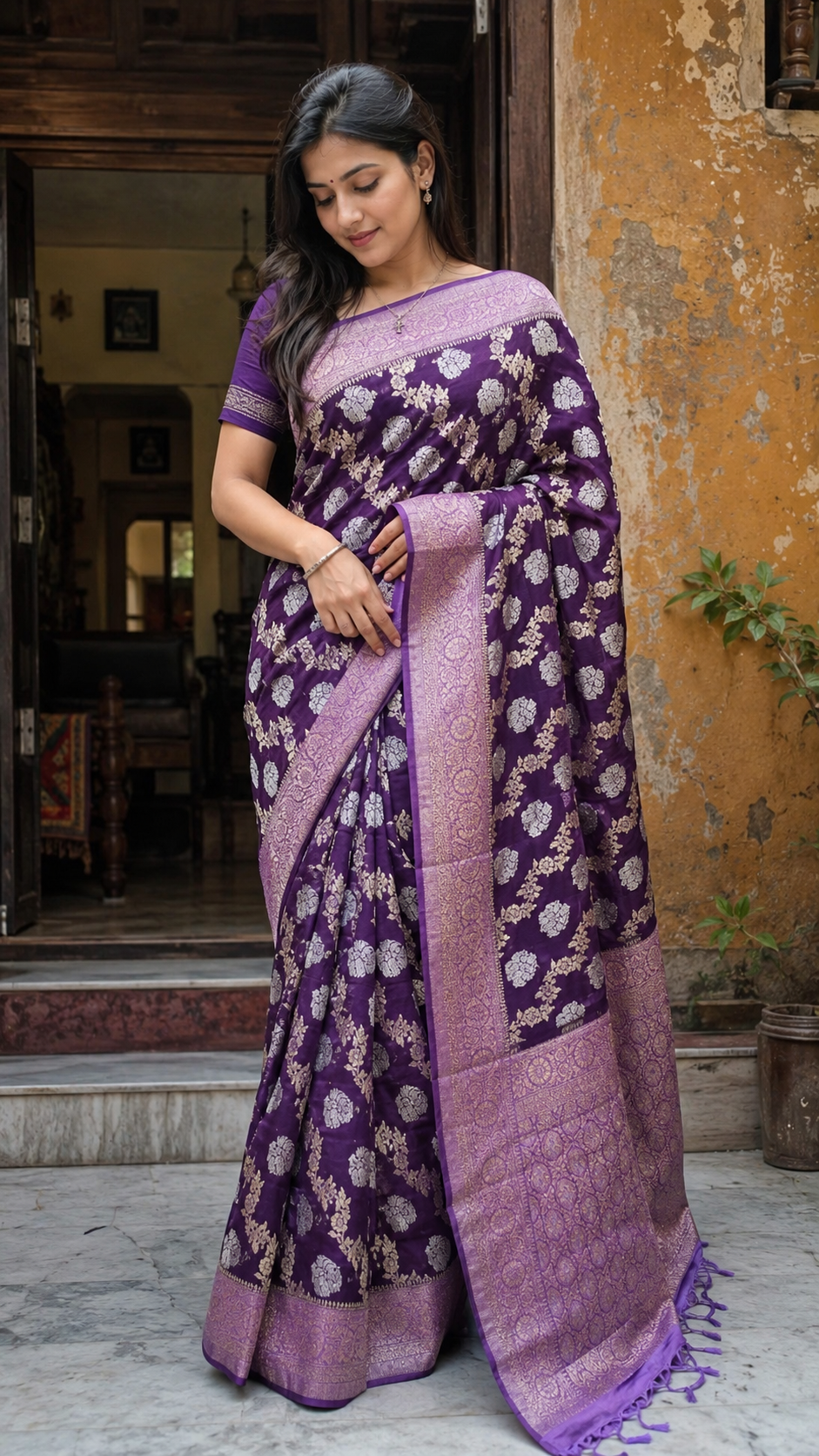 Premium Chiffon Saree with Gold & Silver Zari Weaving