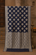 Royal Navy Blue Chiffon Saree with Zari Floral Buta & Rich Woven Pallu