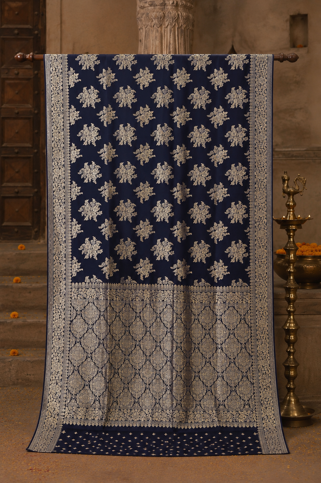 Royal Navy Blue Chiffon Saree with Zari Floral Buta & Rich Woven Pallu