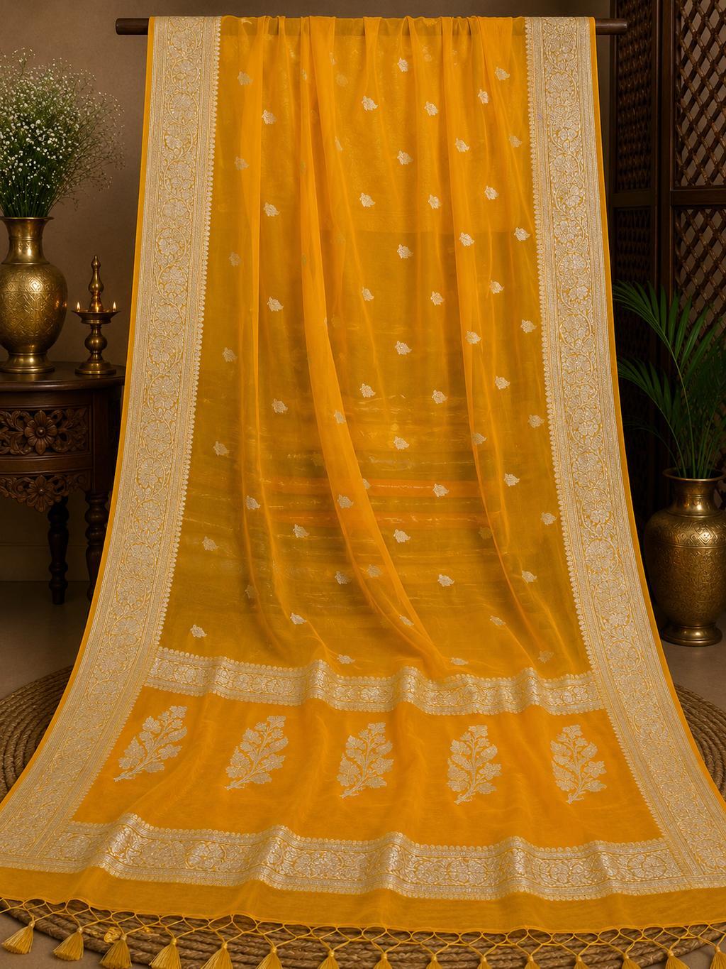Yellow Chiffon Banarasi Saree